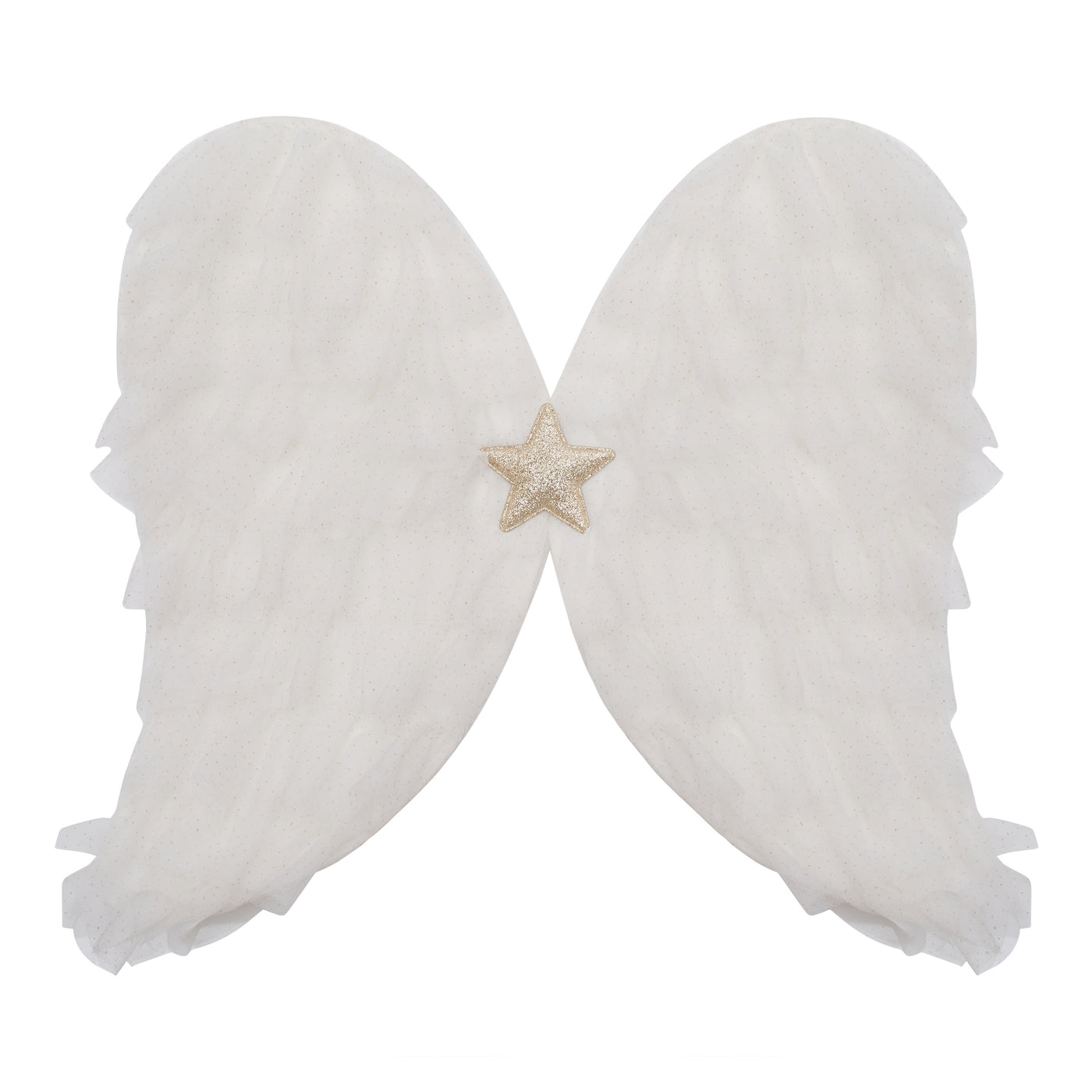 Beautiful soft white Angel wings- featuring a soft tulle material (feathers) finished with a gold glittery star and elastic arm bands-Perfect for Christmas dress up