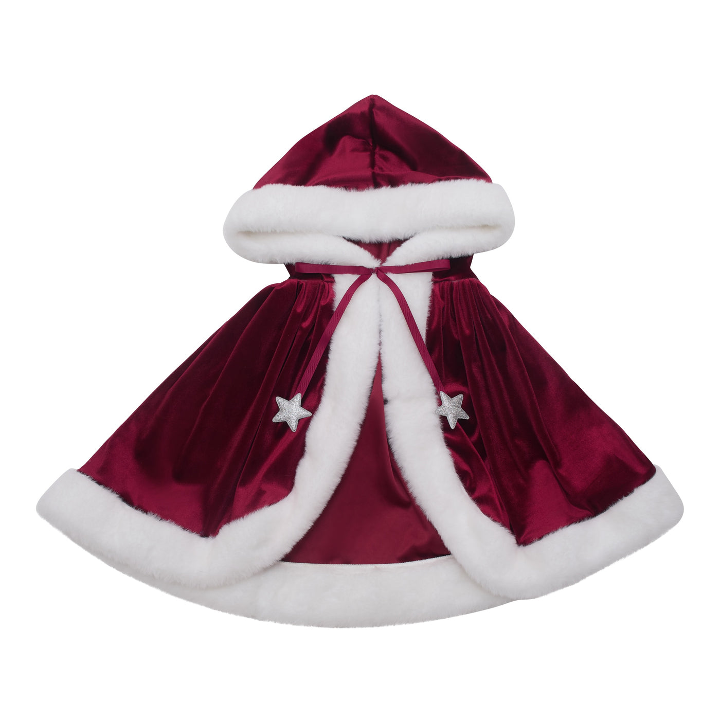 Extremely soft Mrs claus cape featuring a hood and ribbon closure finished with silver glittery stars - Soft berry red velvet fabric and a white faux fur lining- perfect for Christmas dress up
