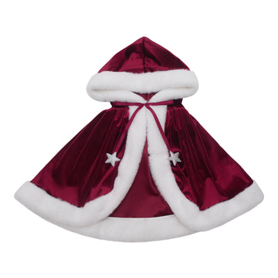 Extremely soft Mrs claus cape featuring a hood and ribbon closure finished with silver glittery stars - Soft berry red velvet fabric and a white faux fur lining- perfect for Christmas dress up