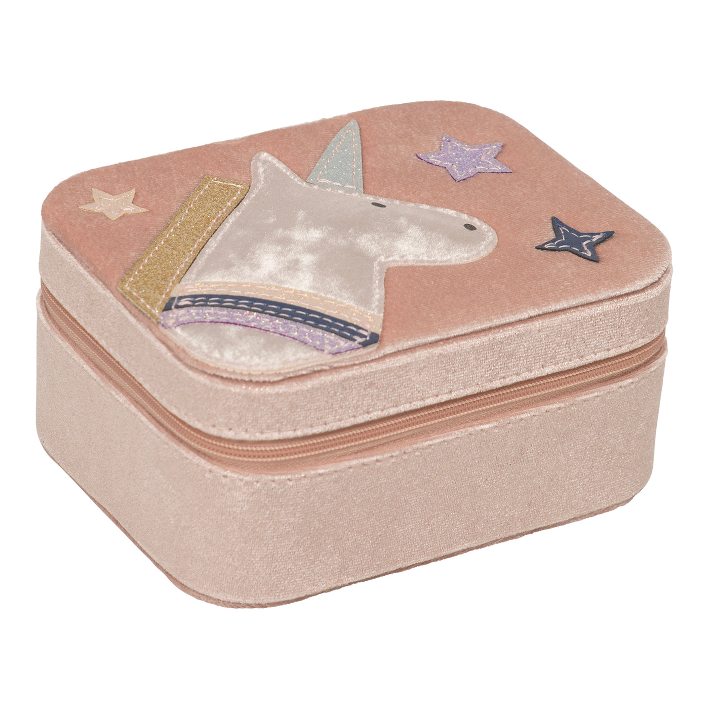 Square pink velvet jewellery box with unicorn and star applique design- zip closure and a soft fabric finish