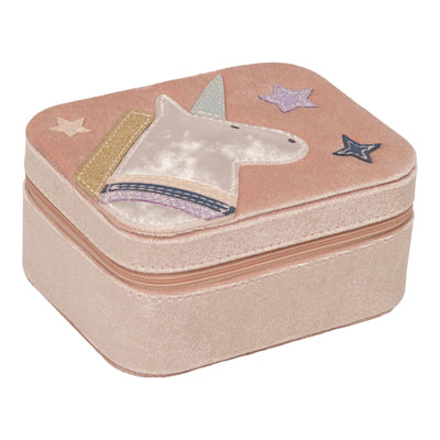 Square pink velvet jewellery box with unicorn and star applique design- zip closure and a soft fabric finish