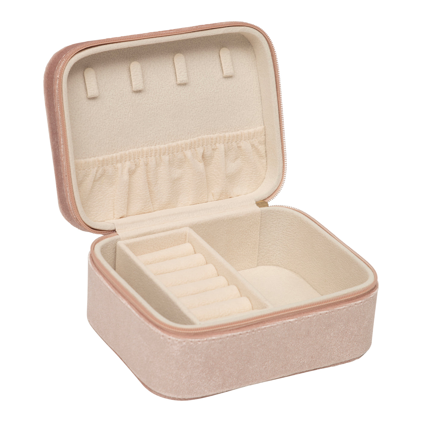 Pink velvety jewellery box - Interior featuring a soft cream borg fabric- compartments comprising of- ring rolls- A handy elastic pocket- Hooks for accessories-Zip closure