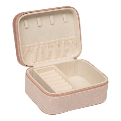 Pink velvety jewellery box - Interior featuring a soft cream borg fabric- compartments comprising of- ring rolls- A handy elastic pocket- Hooks for accessories-Zip closure