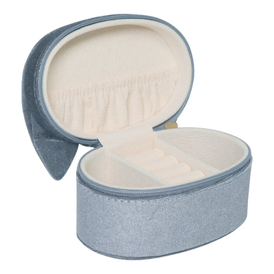 Kitty jewellery box featuring a Smooth Grey velvety exterior- zip closure-  Three compartments with a extra storage pocket in the top- with a beautifully soft borg covering in white- Perfect for storing precious accessories
