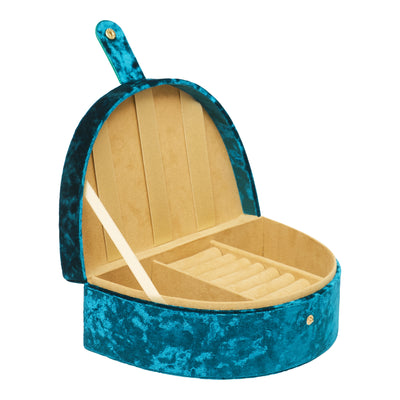 Open rainbow jewellery box made from soft velvet, metallic, and glitter leatherette fabrics, with clip storage ribbons and three spacious compartments – ideal for storing accessories