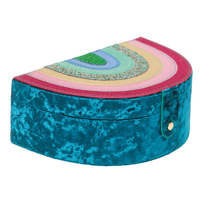 Rainbow jewellery box crafted from soft velvet, metallic, and glitter leatherette fabrics, featuring clip storage ribbons and three spacious compartments – perfect for organising accessories