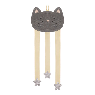 Kitty cat wall hanger crafted from glittering fabric, with satin ribbons and black glitter stars – ideal for storing hair clips