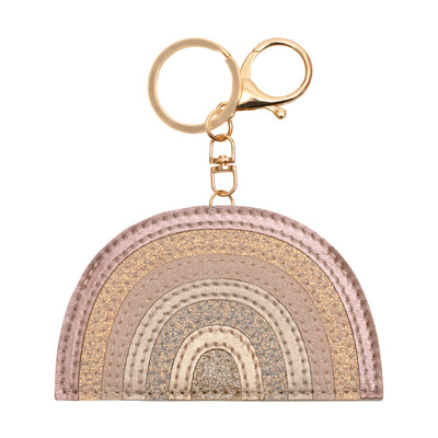 Pink keyring featuring a colorful rainbow design