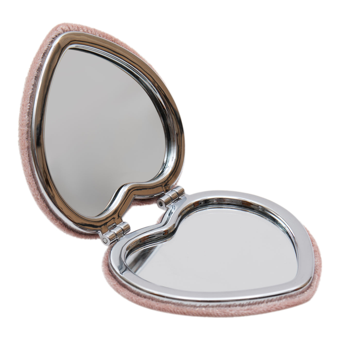 Open heart-shaped pocket mirror with a sparkly pink glitter exterior and a charming unicorn design