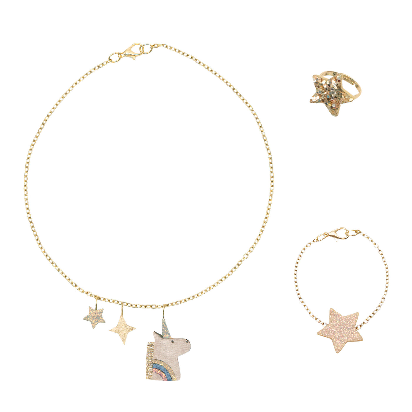 Three piece sparkling unicorn themed children's jewellery set including a necklace, ring and bracelet