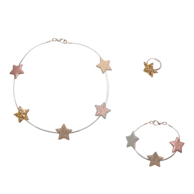 Three piece sparkling star themed children's jewellery set including a necklace, ring and bracelet