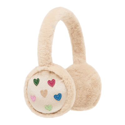 Jazzy heart earmuffs with glitter fabric hearts and soft, fluffy padding to keep little ears warm and cosy