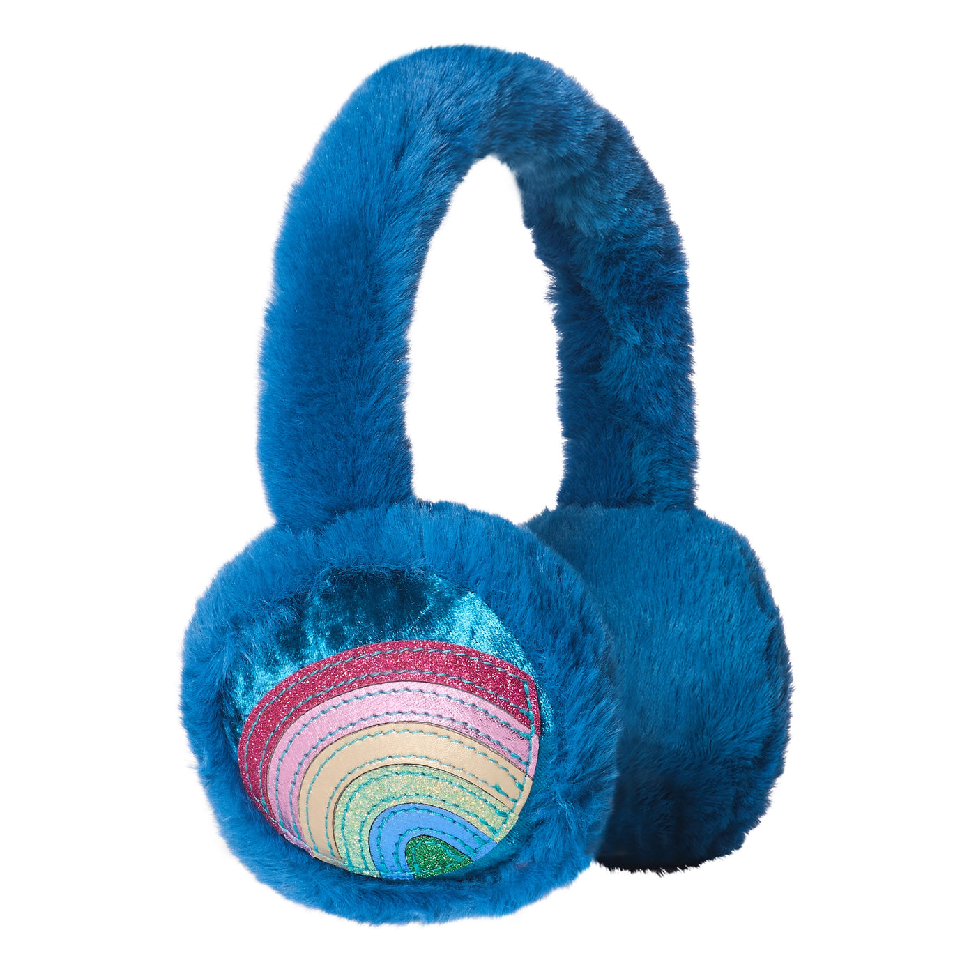 Colourful rainbow earmuffs with soft, fluffy padding, designed to keep little ears warm and cosy