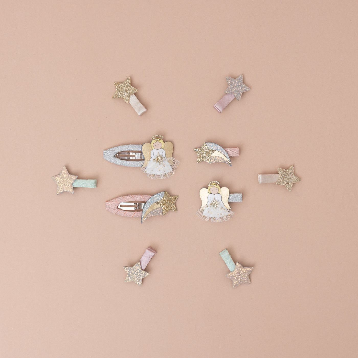 Angel themed mini hair clips, metallic glitter details, Christmas themed