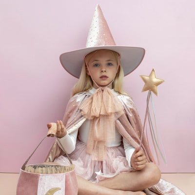 Glinda bow witch cape! A super soft velvet cape in the prettiest shade of pink on a blush pink background, pair with our matching Glinda bow witch hat