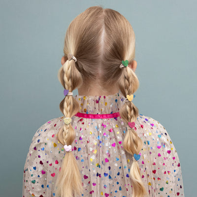 Jazzy heart mini ponies in long blonde hair Featuring colourful hearts crafted from glitter and metallic fabrics