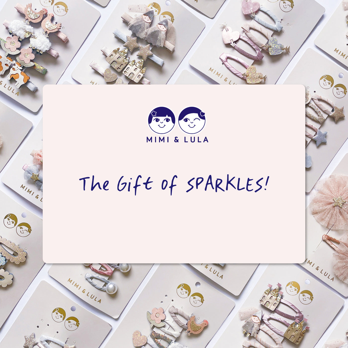Mimi & Lula hair accessories with a gift card overlay on a white background