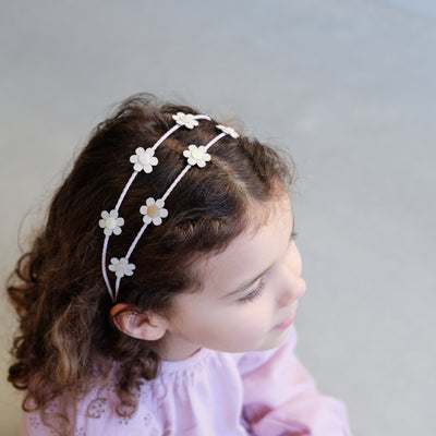 Double layer alice band with fabric daisies shown from above on dark haired girl